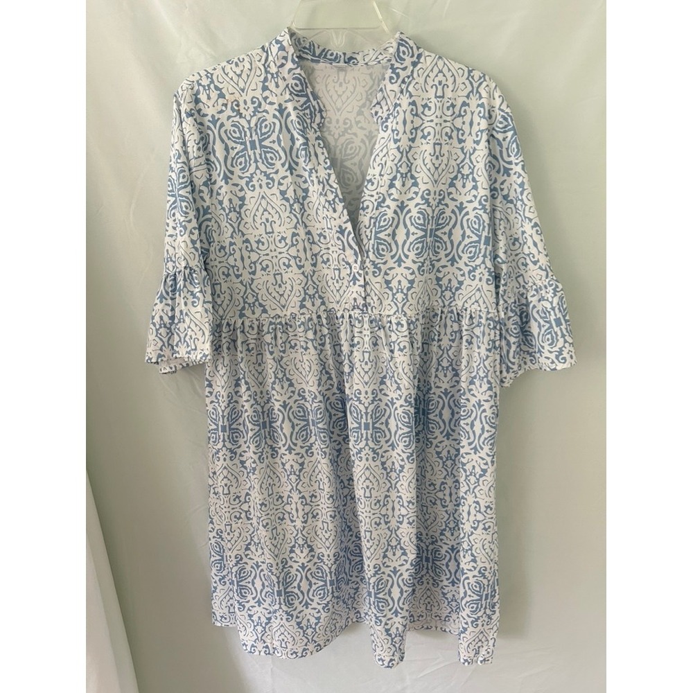 Blue White Damask Paisley Babydoll Tunic Dress Ruffle Bell Sleeve XL